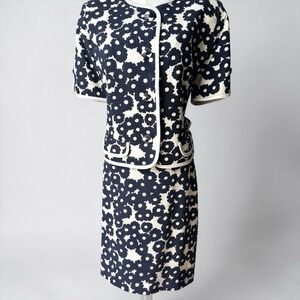 Vintage Don Elliott Navy White Floral Textured 2 Pc Skirt Suit Set Sz 14